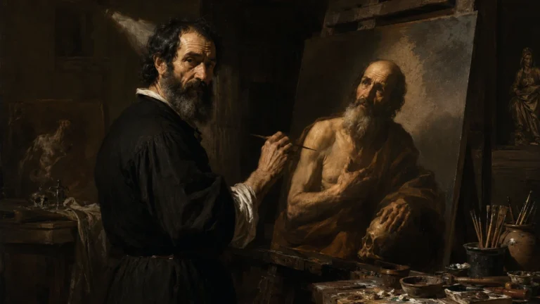 José de Ribera peignant un modèle dans un atelier sombre éclairé par un clair-obscur dramatique