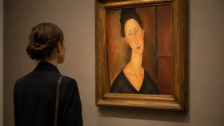 Visiteuse observant un tableau de Modigliani représentant un portrait féminin au visage allongé