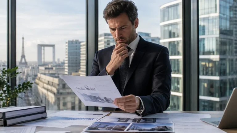 Investisseur analysant des documents immobiliers de LF Grand Paris Patrimoine dans un bureau parisien