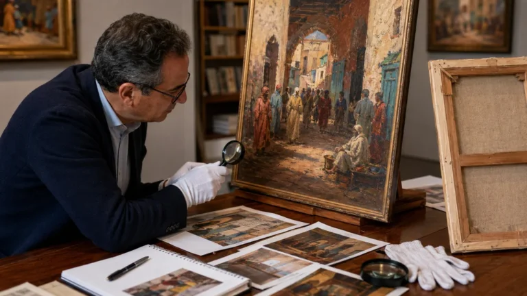 Expert examinant à la loupe un tableau marocain ancien afin d’étudier son style, sa provenance et son attribution.