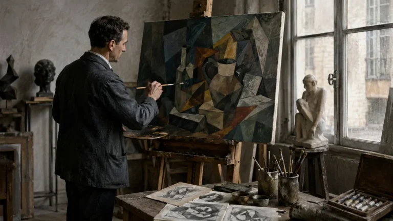 Artiste peintre travaillant sur une composition cubiste géométrique dans un atelier parisien