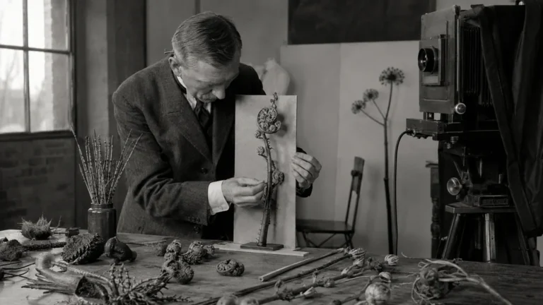 Karl Blossfeldt préparant un fragment végétal devant un appareil photographique ancien dans son atelier berlinois.