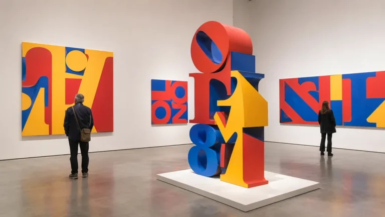 Visiteurs observant des sculptures typographiques colorées inspirées du Pop Art de Robert Indiana dans une galerie contemporaine.