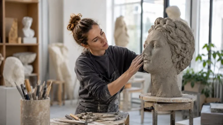 Sculptrice façonnant un buste en argile dans un atelier d'art lumineux