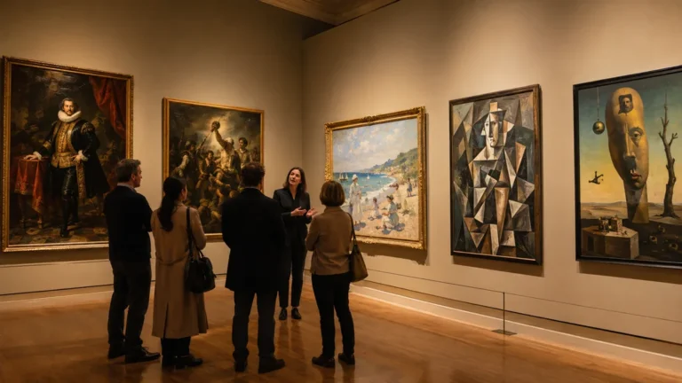 Visite guidée présentant les grands courants de la peinture espagnole, du baroque au surréalisme, dans un musée.