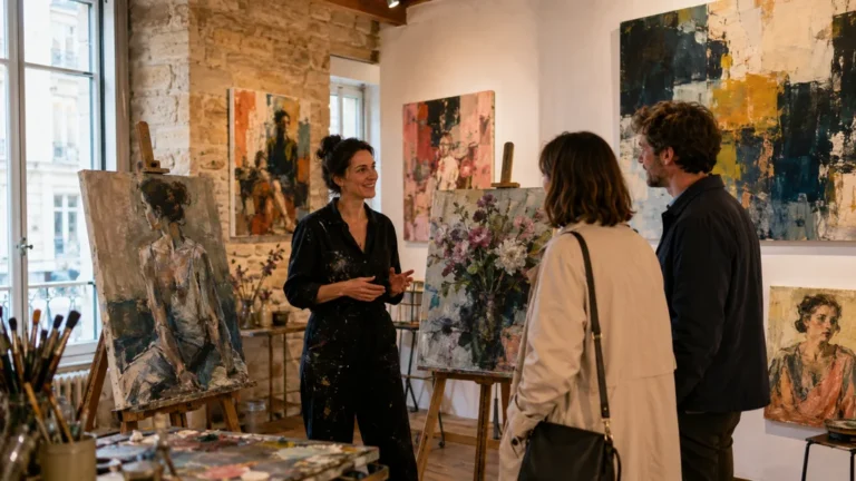 Artiste peintre lyonnaise présentant des œuvres figuratives, florales et abstraites à des visiteurs dans son atelier-galerie.
