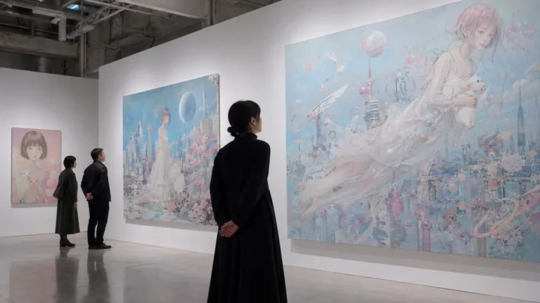Visiteurs observant des peintures japonaises contemporaines aux figures flottantes et aux paysages futuristes inspirés de l’univers d’Aya Takano.