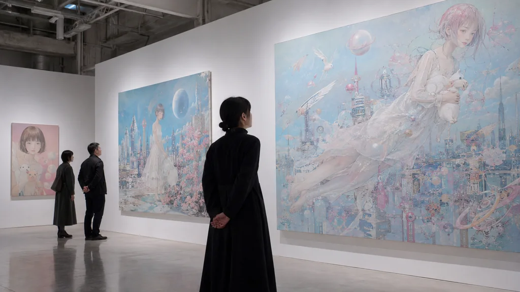 Visiteurs observant des peintures japonaises contemporaines aux figures flottantes et aux paysages futuristes inspirés de l’univers d’Aya Takano.