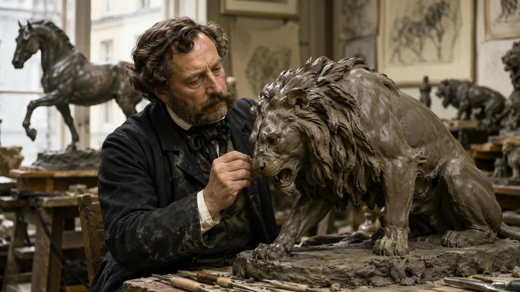 Antoine-Louis Barye travaillant sur une sculpture animalière de lion dans son atelier