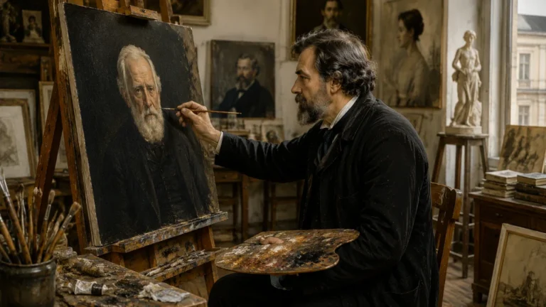 Léon Bonnat peignant le portrait réaliste d’un homme âgé dans son atelier parisien