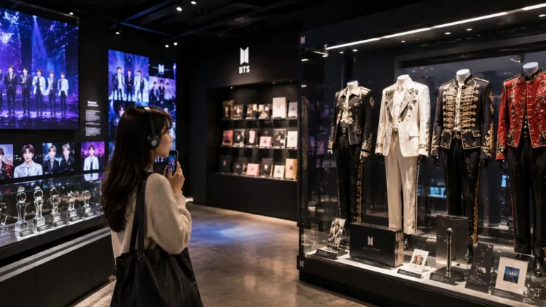 Visiteuse découvrant des costumes et souvenirs de BTS dans une exposition immersive à Séoul