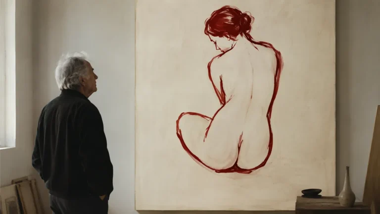 Homme contemplant une grande toile représentant un nu féminin rouge épuré sur fond clair dans un atelier ou une galerie.