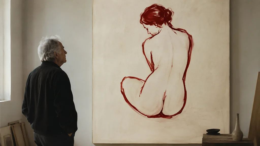 Homme contemplant une grande toile représentant un nu féminin rouge épuré sur fond clair dans un atelier ou une galerie.