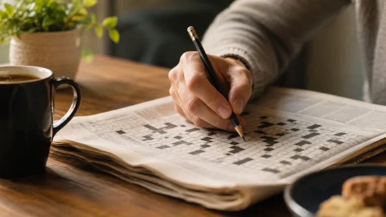 Personne remplissant une grille de mots croisés au crayon sur une table avec une tasse de café