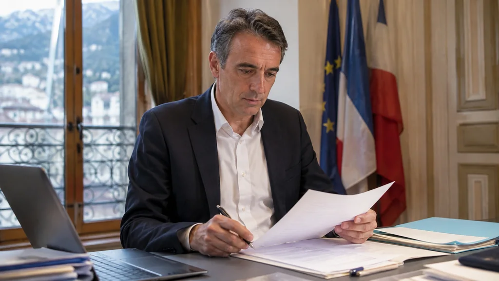 Élu français consultant des documents de déclaration patrimoniale dans un bureau institutionnel à Grenoble.