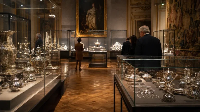 Visiteurs découvrant une exposition d’orfèvrerie avec pièces d’argenterie et arts de la table dans une galerie du musée des Arts décoratifs de Paris.