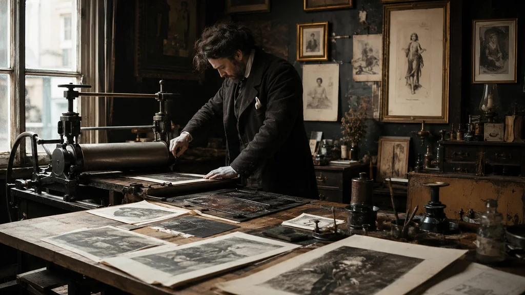 Graveur du XIXe siècle travaillant sur une estampe dans un atelier ancien entouré de plaques, de tirages et d’illustrations symbolistes.