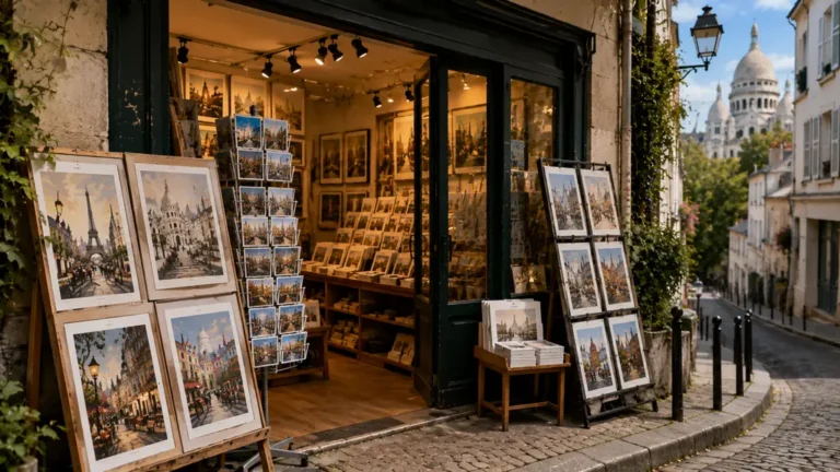 Galerie Butte Montmartre sur une rue pavée de Montmartre avec affiches artistiques et cartes postales en vitrine