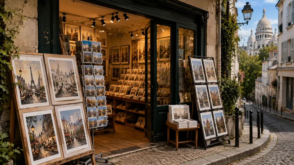 Galerie Butte Montmartre sur une rue pavée de Montmartre avec affiches artistiques et cartes postales en vitrine