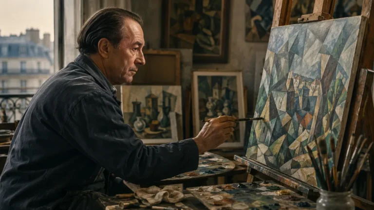 Henri Hayden peignant une composition cubiste dans son atelier parisien