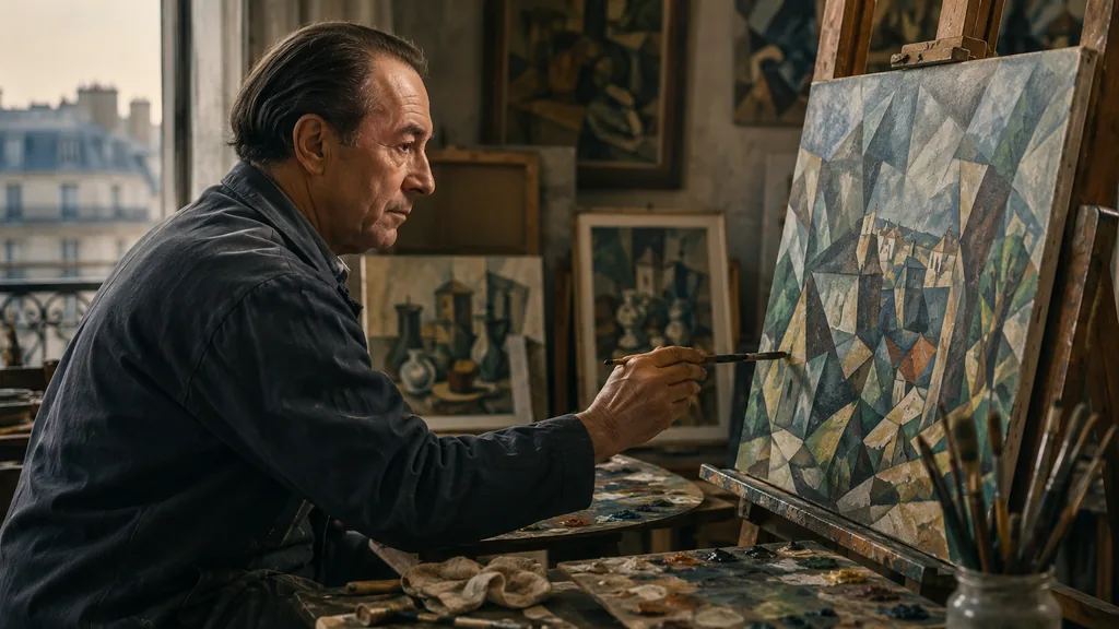 Henri Hayden peignant une composition cubiste dans son atelier parisien