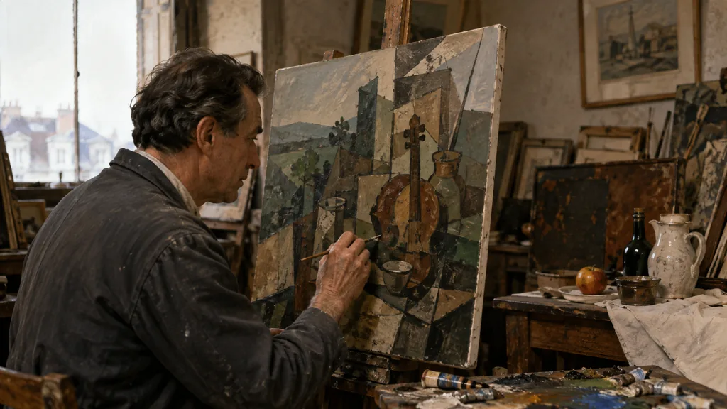 Jean Hélion travaillant sur une peinture figurative dans son atelier
