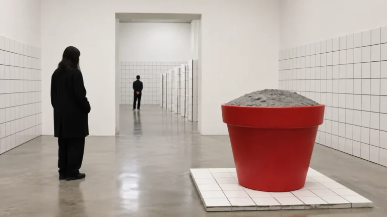 Visiteurs observant un pot rouge rempli de ciment dans une galerie aux murs carrelés de blanc et aux joints noirs.
