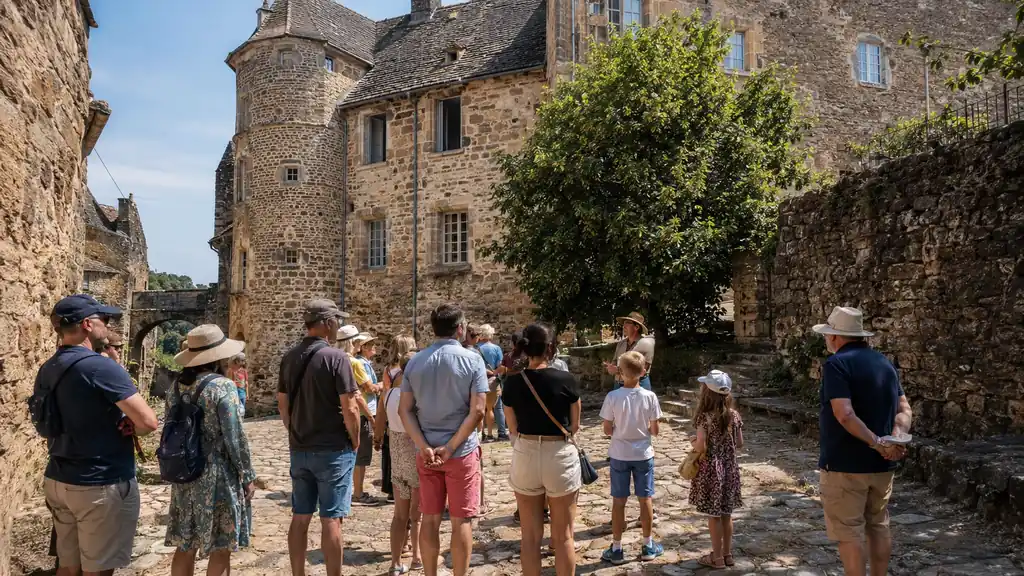 Familles participant à une visite guidée dans un village historique en pierre de l’Aveyron pendant les Journées du patrimoine.