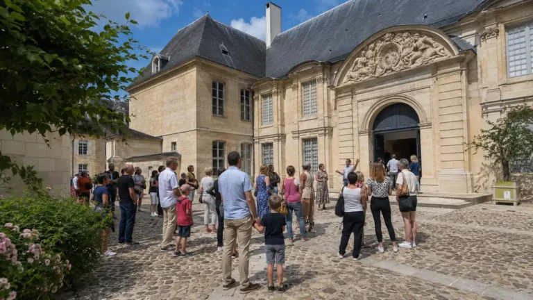 Familles participant à une visite guidée dans la cour d’un monument historique du Val-d’Oise pendant les Journées du patrimoine.