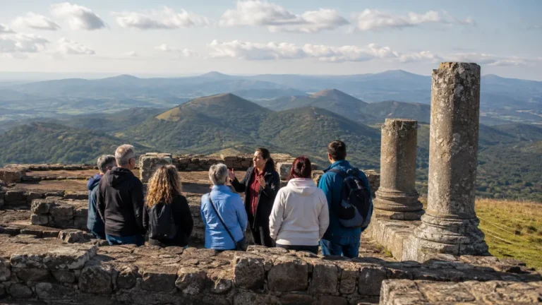 Visiteurs en visite guidée au temple de Mercure au sommet du puy de Dôme pendant les Journées du patrimoine