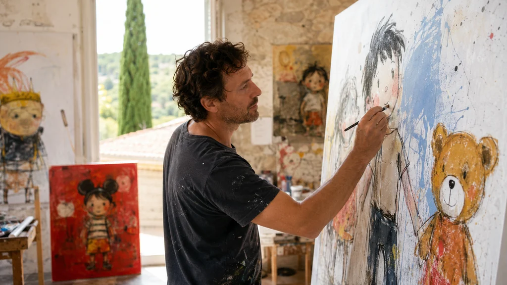 Artiste plasticien réalisant une toile colorée inspirée de l’enfance dans son atelier provençal