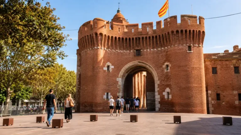 Visiteurs entrant dans le Castillet de Perpignan, ancienne porte fortifiée en brique qui abrite le musée Casa Pairal.