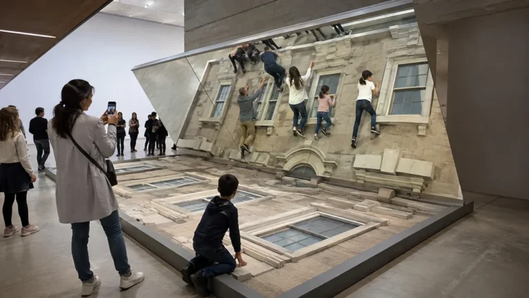 Visiteurs participant à une installation immersive de Leandro Erlich donnant l’illusion qu’ils escaladent une façade d’immeuble.