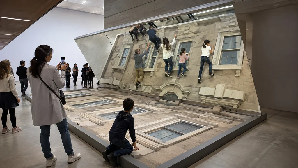 Visiteurs participant à une installation immersive de Leandro Erlich donnant l’illusion qu’ils escaladent une façade d’immeuble.