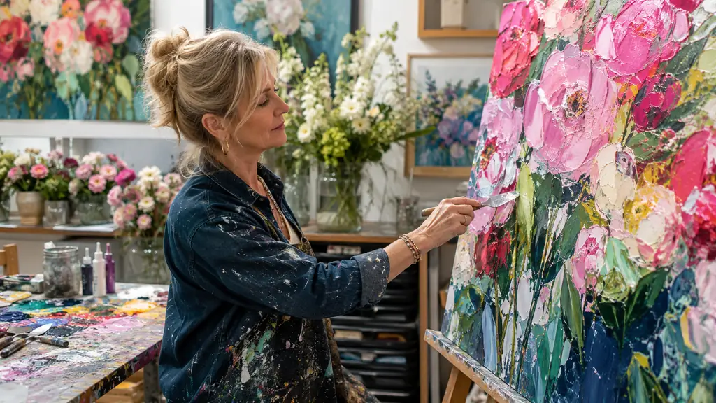 Artiste peintre réalisant au couteau un tableau floral coloré et texturé dans son atelier