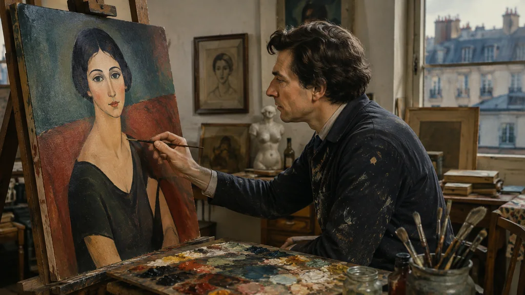 Moïse Kisling peignant un portrait féminin dans son atelier parisien de Montparnasse