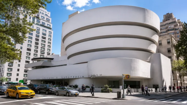 Musée Guggenheim à New York vu depuis la rue avec des visiteurs et des taxis