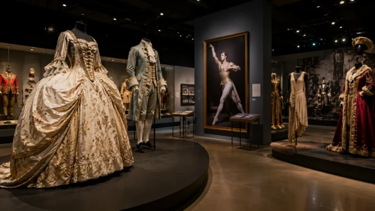 Costumes de scène historiques exposés au musée du costume de Moulins dans une galerie moderne