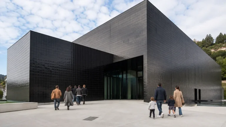 Familles et visiteurs entrant dans le bâtiment noir à façade quadrillée du musée d’Art moderne et contemporain de Saint-Étienne Métropole.