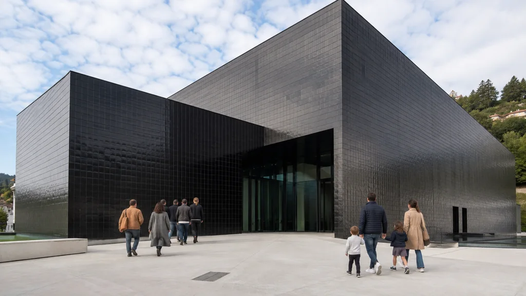 Familles et visiteurs entrant dans le bâtiment noir à façade quadrillée du musée d’Art moderne et contemporain de Saint-Étienne Métropole.
