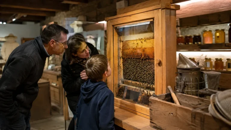Famille observant une ruche vitrée et du matériel apicole ancien dans un musée de l’Abeille.