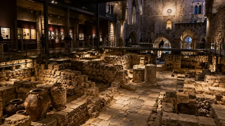 Vestiges romains souterrains du musée d'histoire de Barcelone avec passerelle de visite au-dessus de Barcino