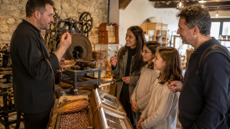 Famille découvrant la fabrication du chocolat et dégustant des spécialités dans un atelier-musée du Pays basque.