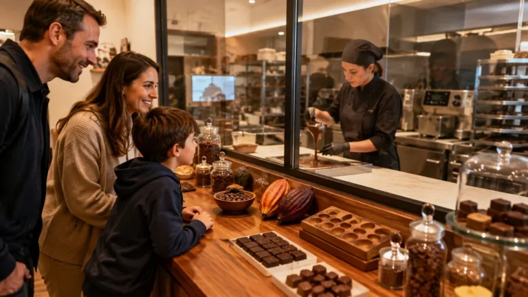 Famille observant une chocolatière fabriquer des chocolats artisanaux au Musée du Chocolat Gelencser