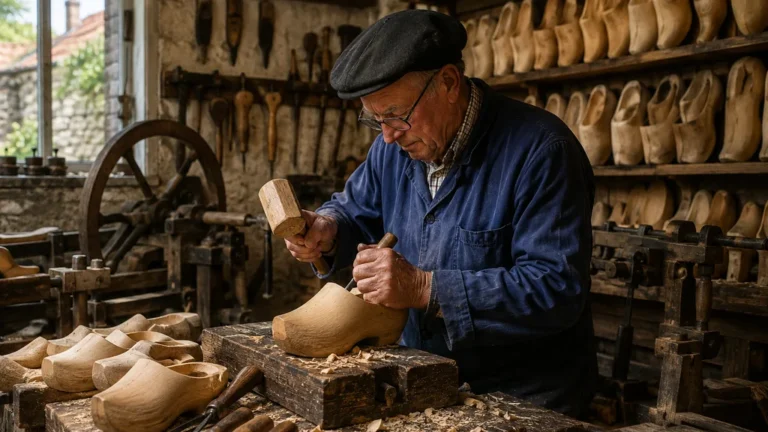 Sabotier façonnant un sabot en bois dans l’atelier traditionnel d’un musée du sabot en France
