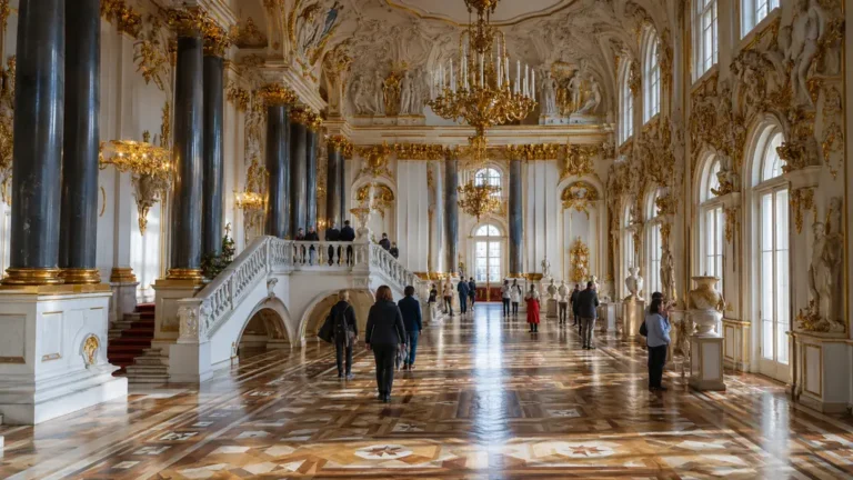 Visiteurs parcourant une somptueuse galerie blanche et dorée du musée de l’Ermitage dans le Palais d’Hiver à Saint-Pétersbourg.