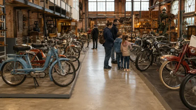 Famille découvrant des mobylettes, vélos et motos anciennes dans l’ancienne usine transformée en musée Motobécane à Saint-Quentin.