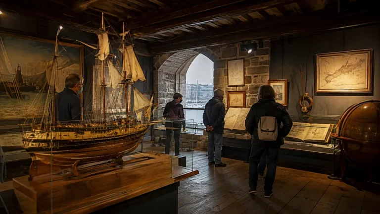 Visiteurs découvrant des maquettes de navires et des collections maritimes dans un musée de Saint-Malo