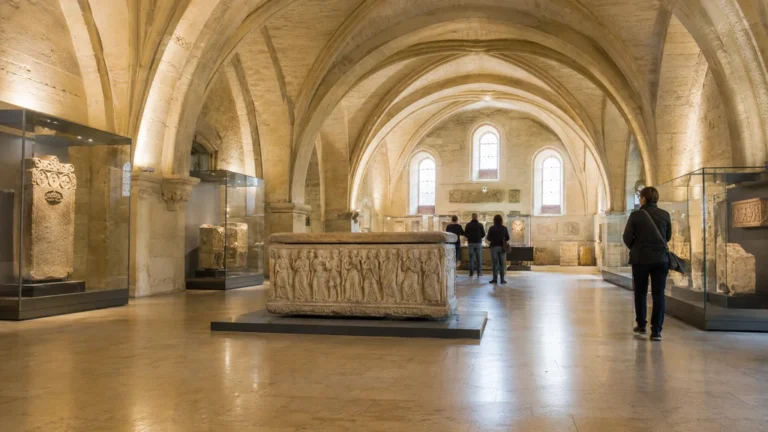 Visiteurs découvrant un sarcophage antique dans les salles voûtées du musée Saint-Remi à Reims