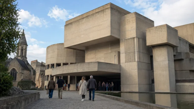 Visiteurs arrivant devant l’architecture brutaliste du musée Sainte-Croix dans le centre historique de Poitiers